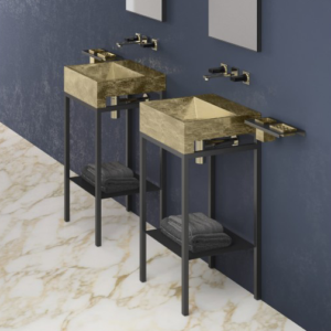 ELLE PLUS WASHSTAND BLACK UNIT, GOLD LEAF WASHBASIN, GOLD WASTE